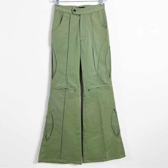 Head Of State Ogun Flare Cargo Zip Cut Out Trousers Size 24 Green - Picture 3 of 9